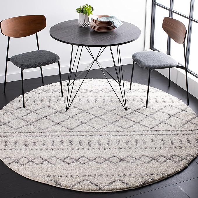 SAFAVIEH Arizona Shag Collection Area Rug - 5'1" Round, Ivory & Grey, Moroccan Design, Non-Shedding, 1.6-inch Thick, Ideal for High Traffic Areas in Living Room, Bedroom (ASG741F-5R)