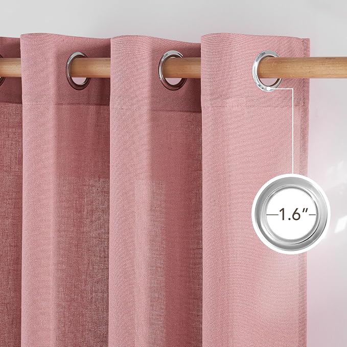 NICETOWN Linen Pink Curtains for Girls Room, Grommet Thick Flax Semi Sheer - Image 2