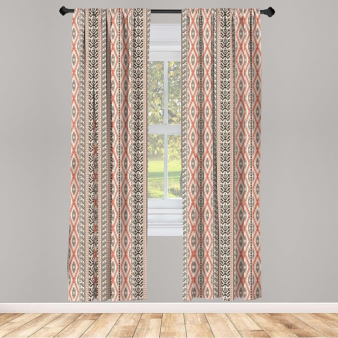 Ambesonne Southwestern Window Curtains, Traditional Vertical Borders Inspired by Prehistoric Art Ikat Style, Lightweight Decorative Panels Set of 2 with Rod Pocket, Pair of - 28" x 63", Brown Coral