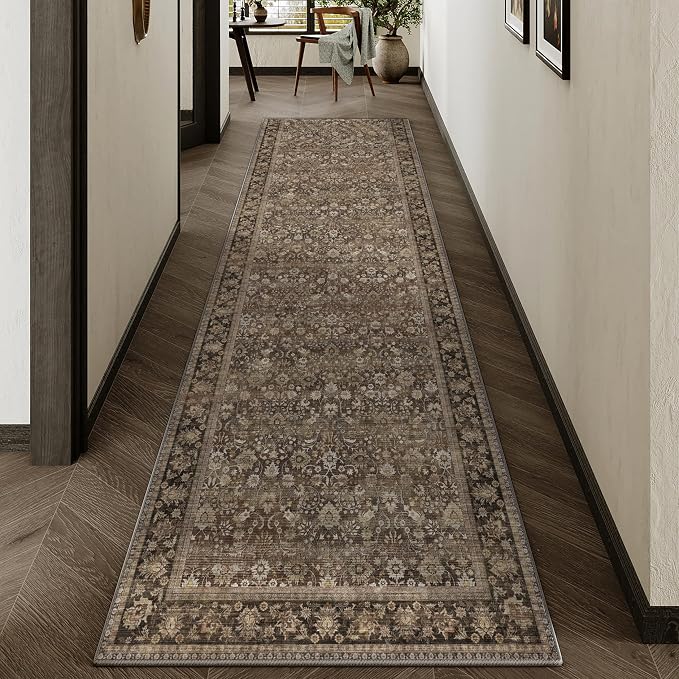 2x8 Brown Vintage Floral Washable Runner Rug by HUGEAR