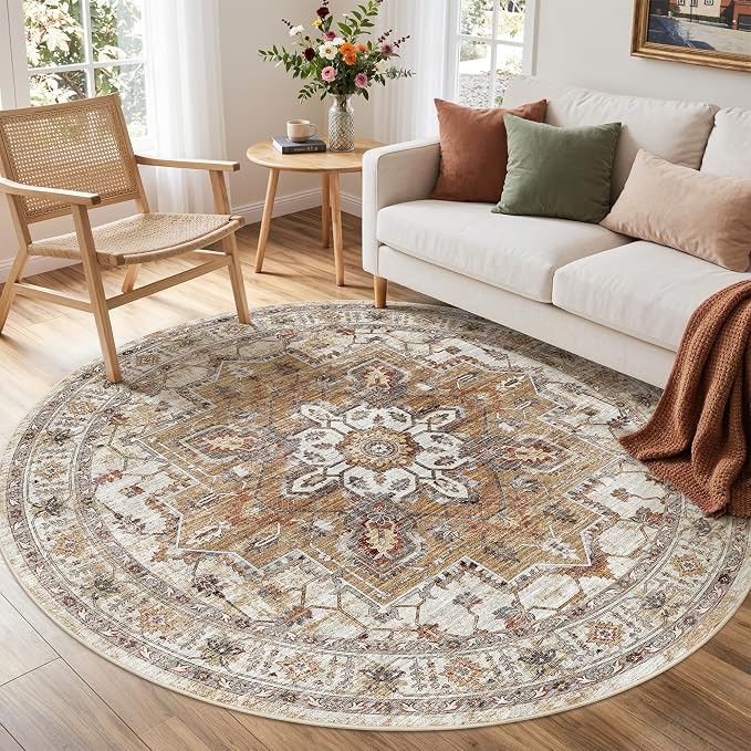 Madane Washable 5ft Circle Round Rug, 5x5 Circular Area Rugs, Turmeric/Grey | by Madane