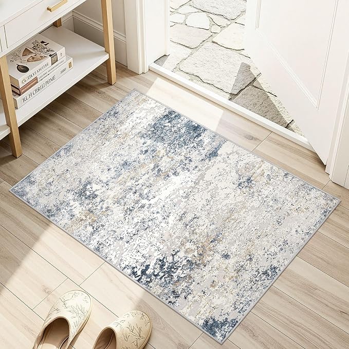 DMOYEST 2x3 Entryway Area Rug Washable Abstract Beige Blue Small Carpet | - Image 3