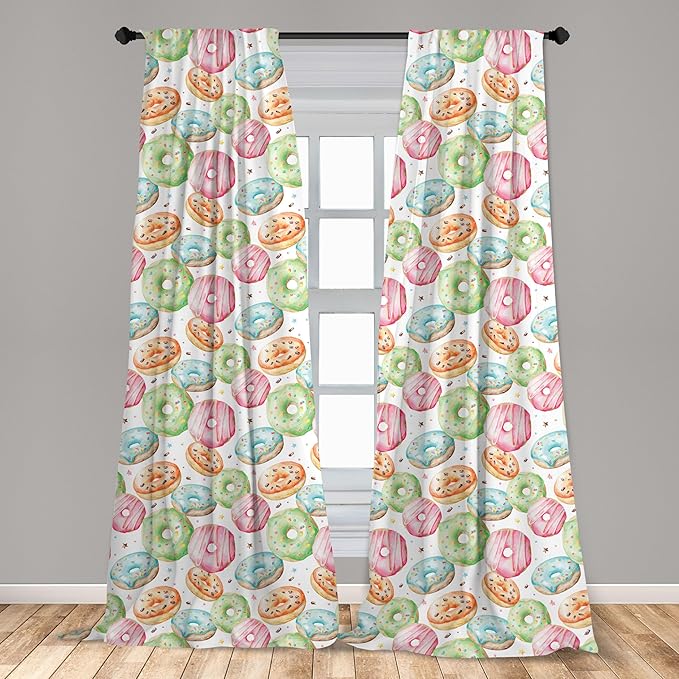 Ambesonne Watercolor Window Curtains, Delicious Donuts Pattern Various Flavors Sprinkles Stars Background, Lightweight Decor 2-Panel Set with Rod Pocket, Pair of - 28" x 95", Pale Fern