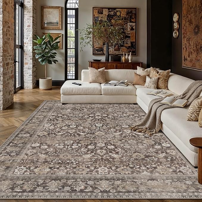 6x9 Coffee Brown Vintage Floral Washable Area Rug by HUGEAR