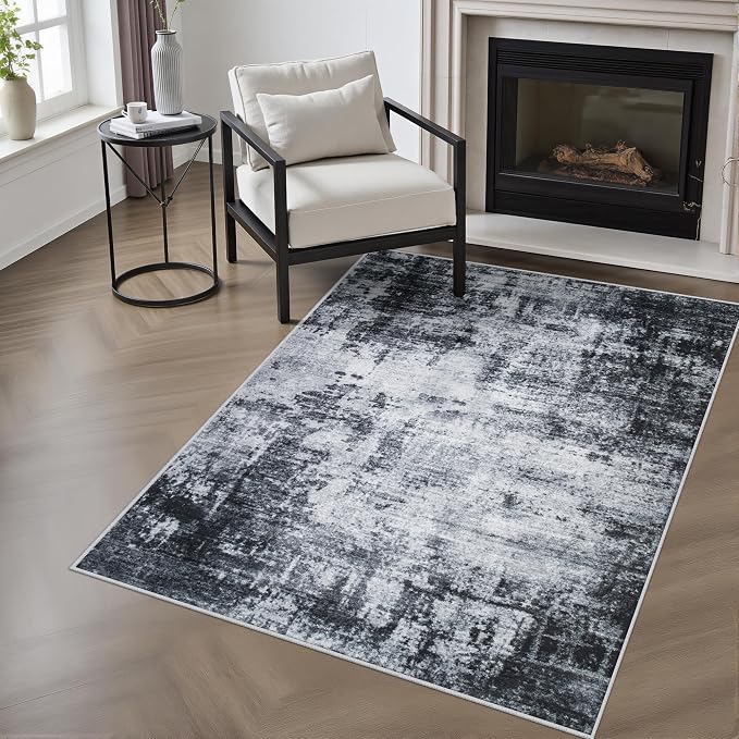 Area Rug Living Room: 3x5 Modern Washable Soft Carpet Dark Black | by FXRHLP