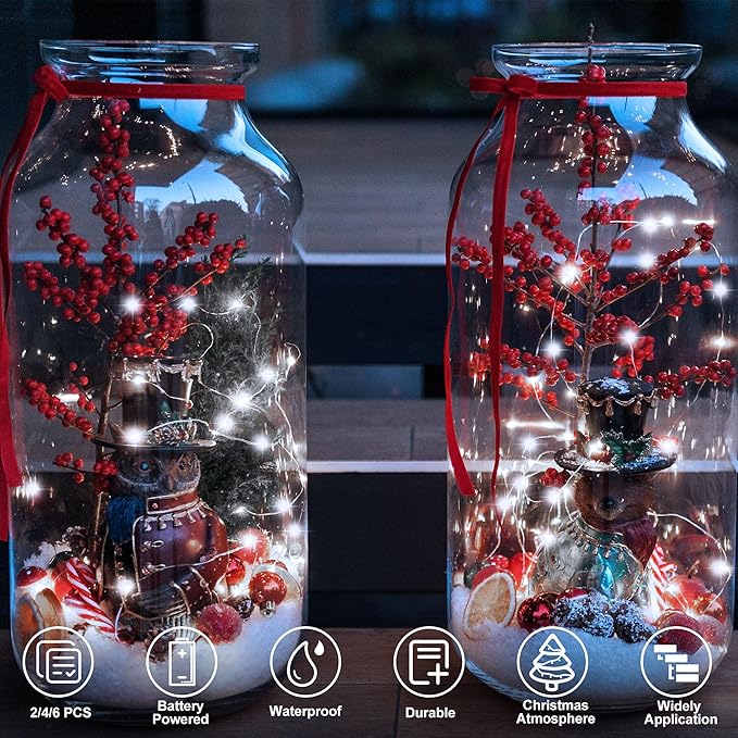 Christmas White Fairy Lights Battery Operated 6 Pack 16.4Ft 50 LEDs Silver Copper Wire Twinkle Lights for Halloween Christmas Bedroom Indoor Outdoor Wedding Dorm Parties Holiday Yard Decorations