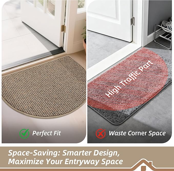 BEQHAUSE Dirt Trapper Door Mat 17" x 30" Half Circle Non Slip Rugs, Taupe | - Image 6