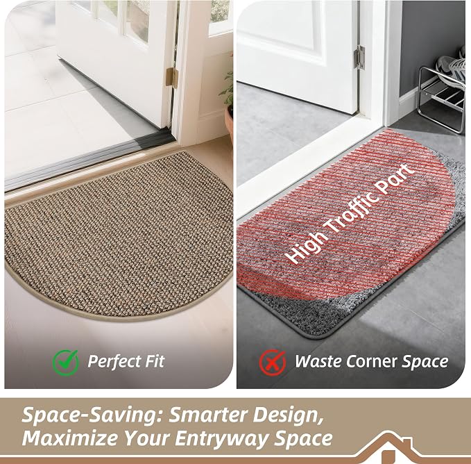 BEQHAUSE Dirt Trapper Door Mat 26" x 40" Half Circle Non Slip Rugs, Taupe | - Image 6