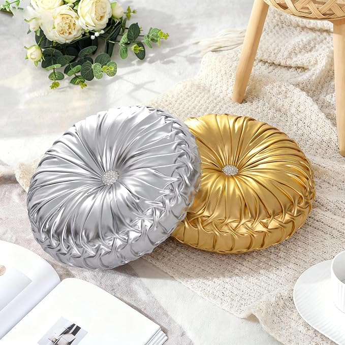HIG Set of 2 Gold Metallic Leather Decorative Round Pleated Throw Pillows | - Image 8