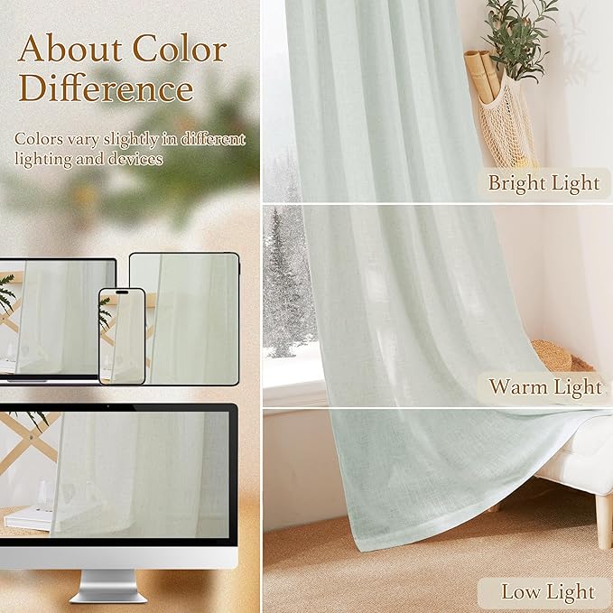 RYB HOME Linen Sheer Curtains 95 inches Long, Airy Breathable Absorbent Curtains & Drapes, Light Filter Half Privacy Protect for Sliding Door, Bedroom, Living Room, Wide 52", 2 Panels, Sage