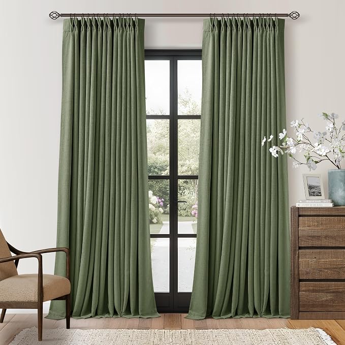 90 Inch Olive Green Linen Pinch Pleated Blackout Curtains by Twodrapes
