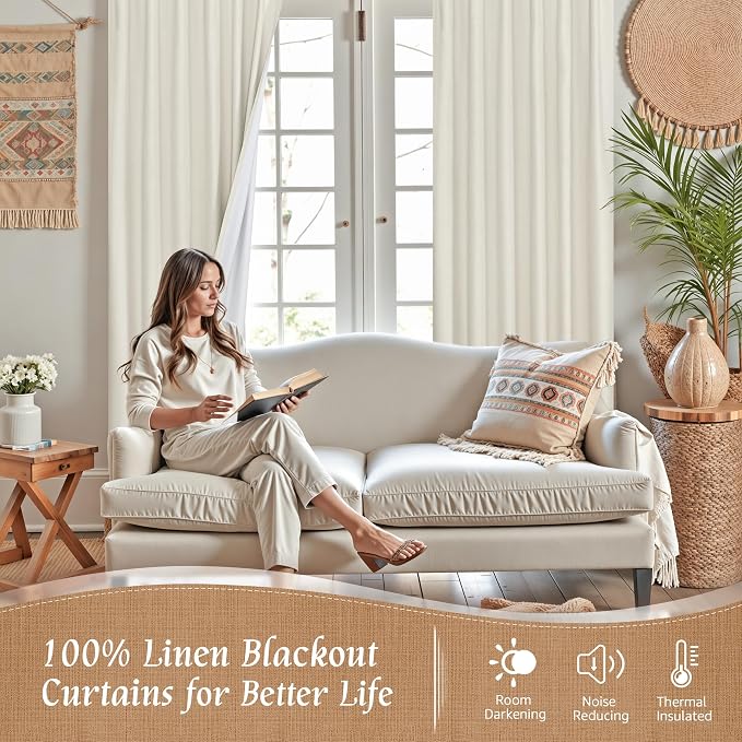 Natural 100% Blackout Linen Curtains 63 Inches - Image 2
