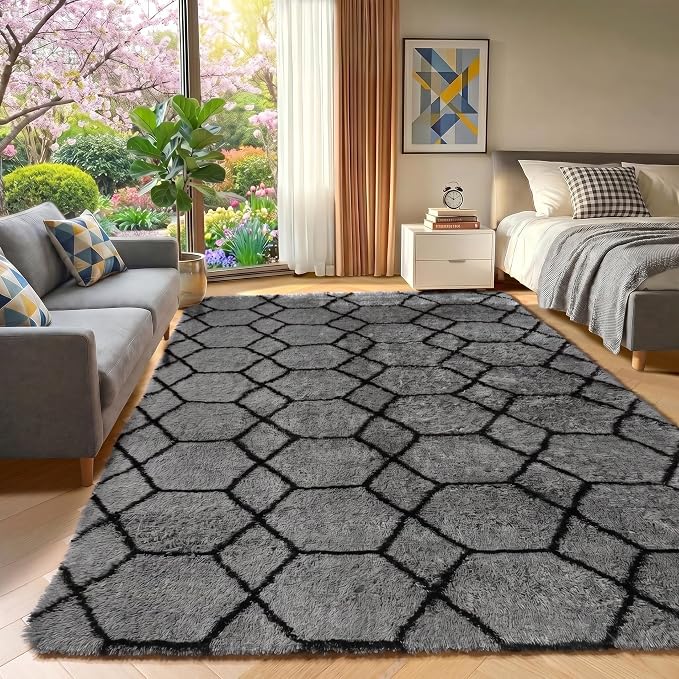 7x9 Area Rugs for Living Room Bedroom, Fluffy Grey and Black Geometric Rug | - Image 6