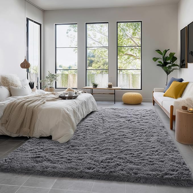 Amdrebio Grey Large Plush Shaggy Rug 6x9 - Image 3