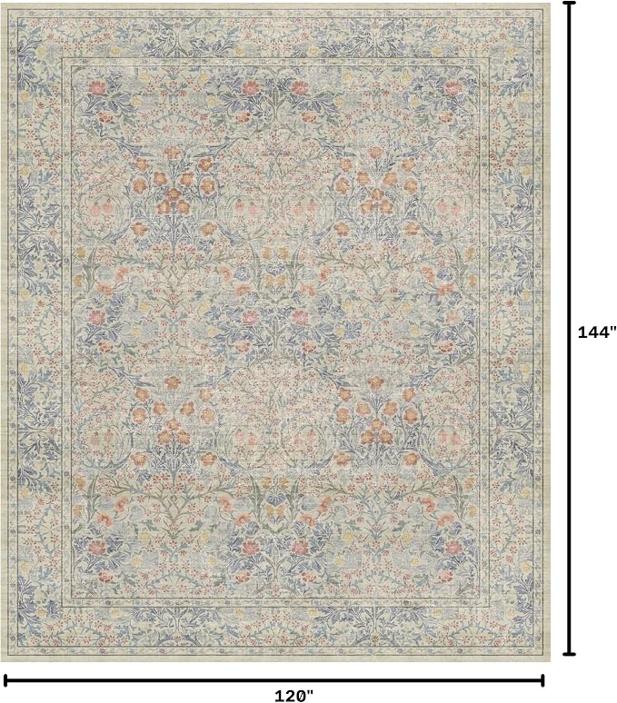 Vintage Washable Beige Blue 10x12 Rug - Image 2
