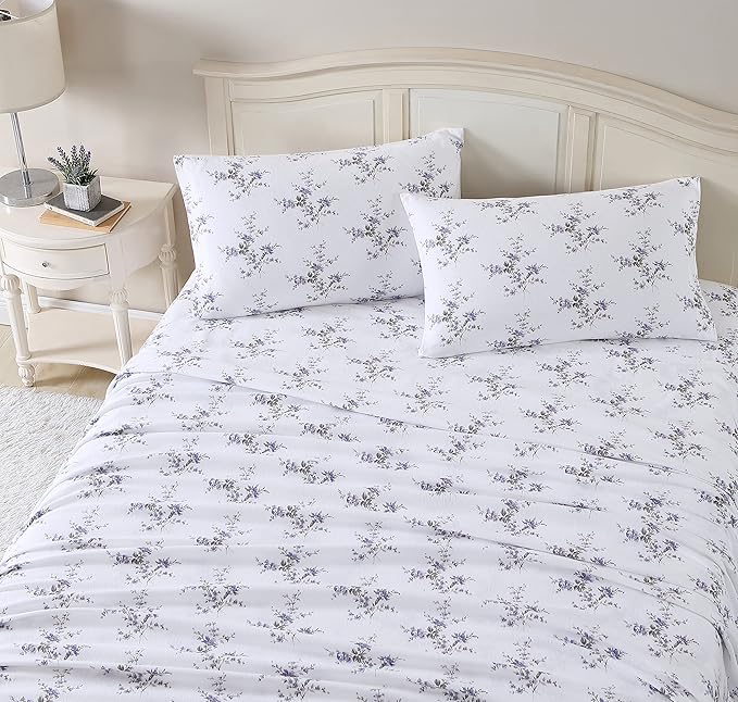 Laura Ashley - Flannel Sheets Twin Size, Anti-Pilling & Wrinkle Resistant Cotton, Touchably Soft for All-Season Comfort - Bed Sheets with Matching Pillowcase & Fitted Sheet (Jessika Lavender)