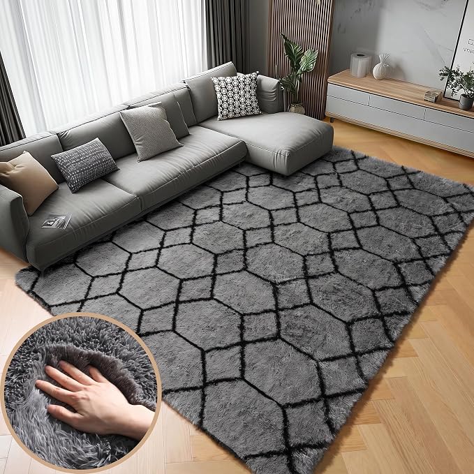 Area Rugs for Living Room, 5x8 Fluffy Grey and Black Bedroom Geometric Rug | by ONASAR