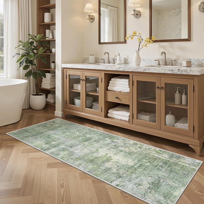 Soalmost Abstratc Runner Rug 2x5 Washable Kitchen Entry Runners Green/Ivory | - Image 4