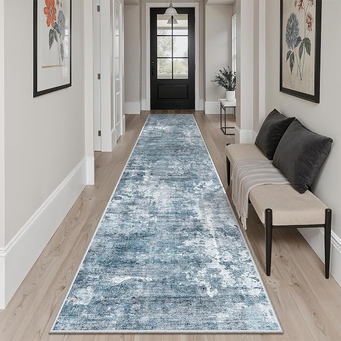 Soalmost Abstract Runner Rug 2x12 Hallway Kitchen Runners Blue/Grey | Stain - Image 4