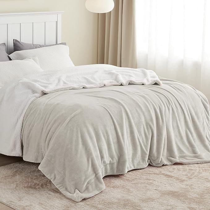 Bedsure GentleSoft Sherpa Fleece Blankets Queen Size for Bed - Thick and Warm, Soft Fuzzy Plush Queen Blanket for Winter, Linen, 90x90 Inches
