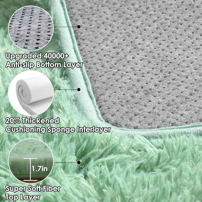 Sage Green 3x5 Rugs for Bedroom, Fluffy Bedside Area Rug, Soft Plush Shaggy - Image 3