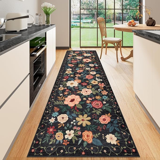 DUKINO 2x10 Runner Rug, Floral Washable Kitchen Runner Rug Non Slip, Low Pile by DUKINO