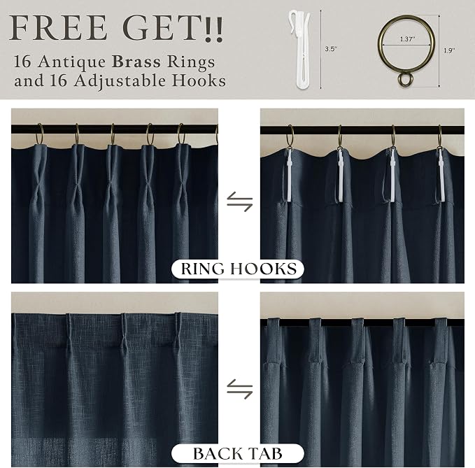 120 Inch Pinch Pleated Linen Navy Semi Sheer Curtains - Image 5