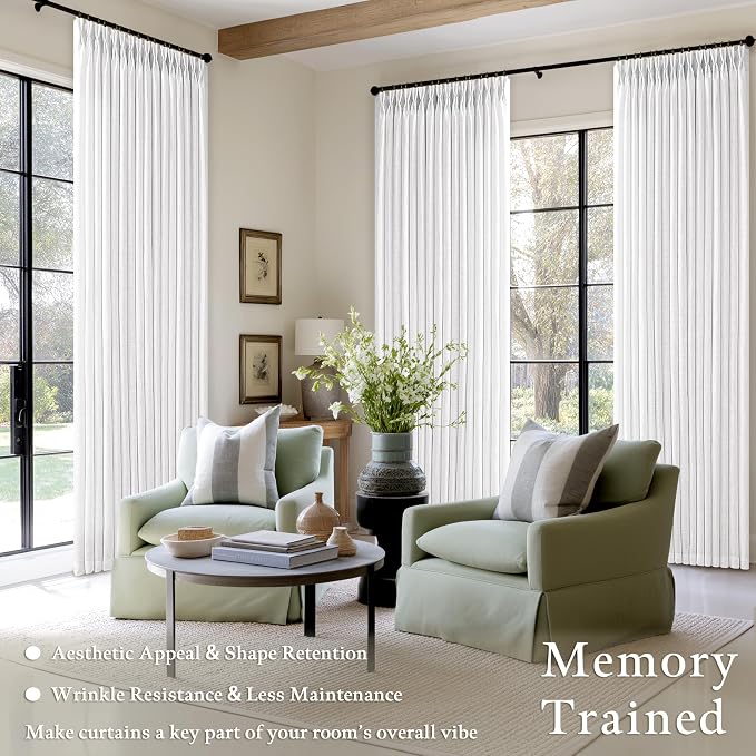Pinch Pleated White Memory Shaped Semi Sheer Linen Curtains 102 Inches Long | - Image 2