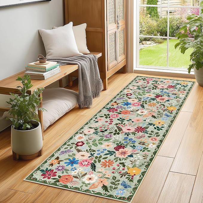 PLHXFR 2.6x8 Washable Runner Rug：Floral Indoor Kitchen Soft Carpet Green | - Image 3