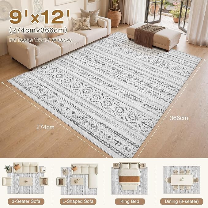 cotiled Boho 9x12 Area Rug for Living Room: Large Moroccan Washable Rug | Solve - Image 2