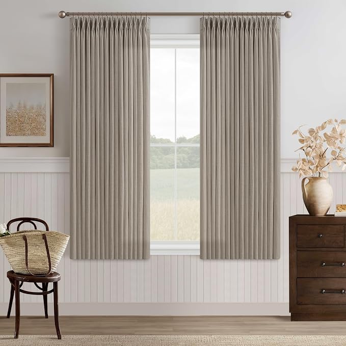Burlywood Birch Pleated Semi Sheer Linen Kitchen Curtains 50x63 | Taupe Pinch by Twodrapes