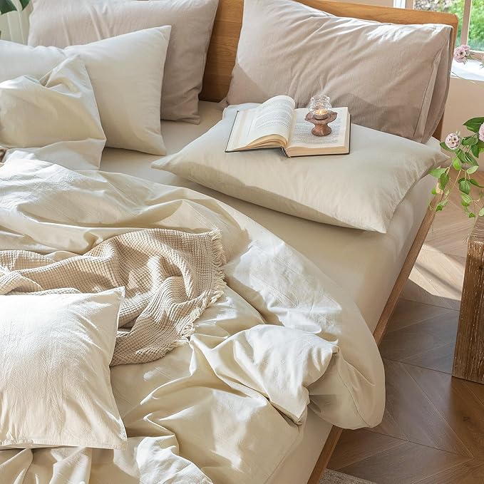 MooMee Bedding Duvet Cover Set 100% Washed Cotton Linen Like Textured Breathable Durable Soft Comfy (Heathered Almond Milk Grey, King 104"x90")