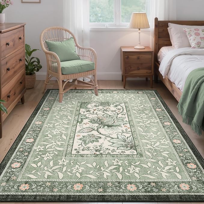GarveeHome Provence Sage Green 3x5 Rug Washable Non-Slip Low-Pile Indoor Rugs - Image 3