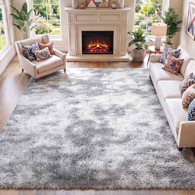 Area Rugs for Living Room Bedroom, 5x8 Fluffy Tie-Dyed Light Grey Shag Rug | by ONASAR