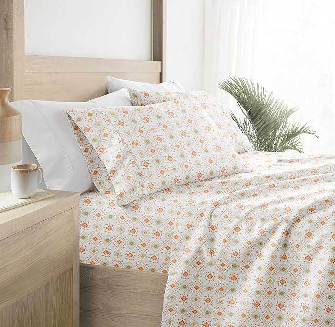 Linen Market Double-Brushed Patterned Microfiber Queen Sheet Set 4 Piece – Oeko-TEX Certified Ultra Soft & Wrinkle-Free - 16" Deep Pocket Sheets - Easy Care Queen Size - Aztec Dreams Coral