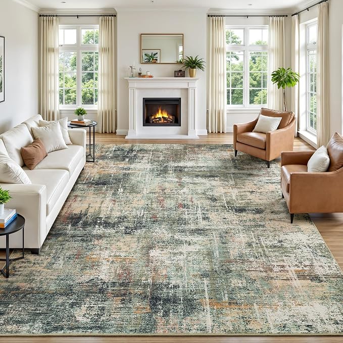 8x10 Area Rug for Living Room, Abstract Washable Large Rugs, Coffee/Green | by Lofus