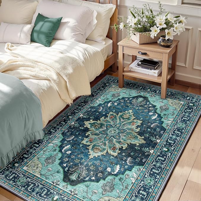 RELEANY Washable Area Rug, Teal | Non-Slip, Water Repellent, Pet Friendly by RELEANY