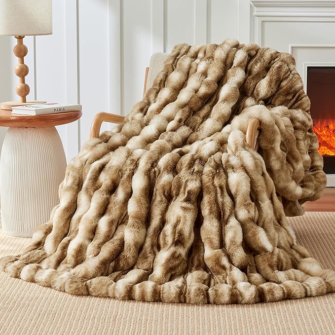 Luxury 1000GSM Rabbit Faux Fur Blanket, Super Warm Cozy Brown Blankets by TOUCHAT