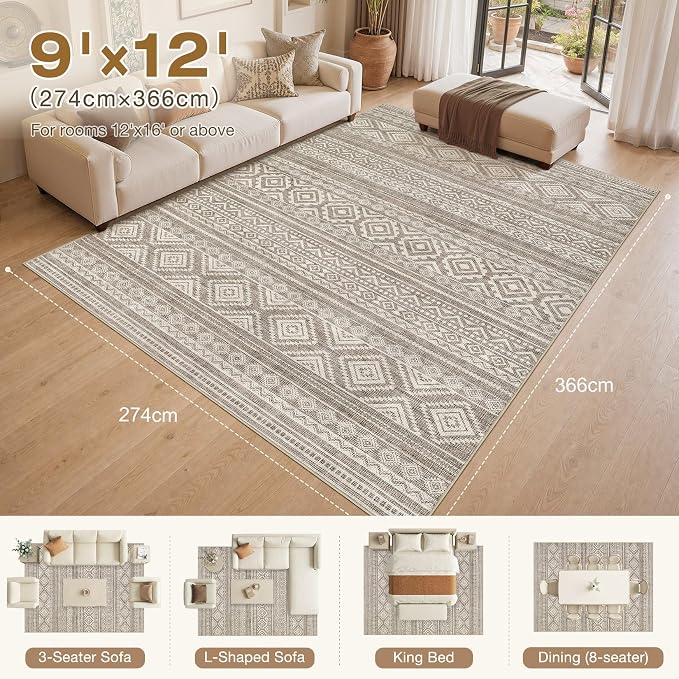 cotiled Boho 9x12 Area Rug for Living Room: Large Moroccan Washable Rug | Solve - Image 2