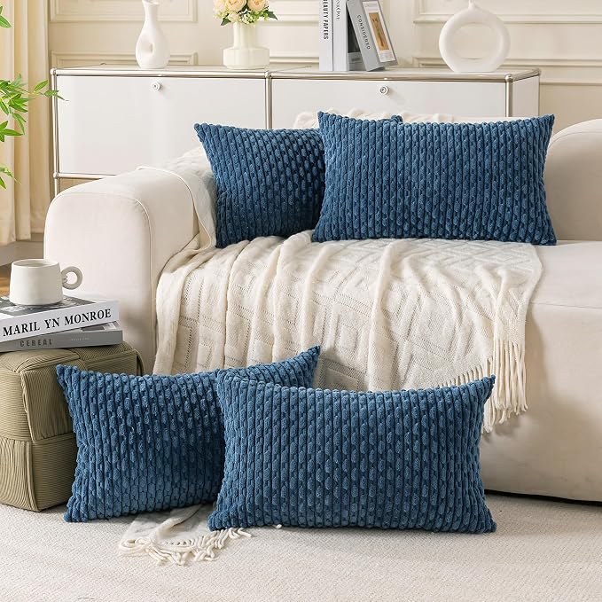 Set of 4 Blue Decorative Throw Pillow Covers 12x20 Inch Corduroy Pillow Covers by Cozoomy