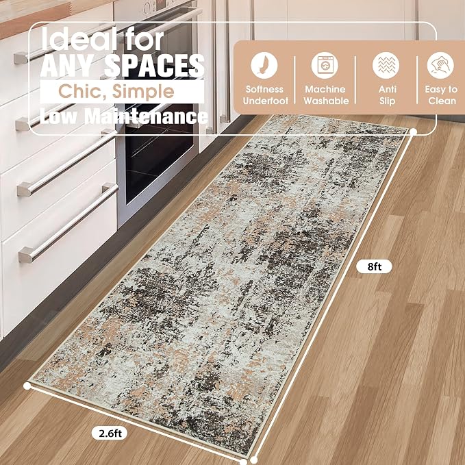 Runner Rugs for Hallways Kitchen 2.6x8 Non Slip Washable Brown Beige | Modern - Image 2