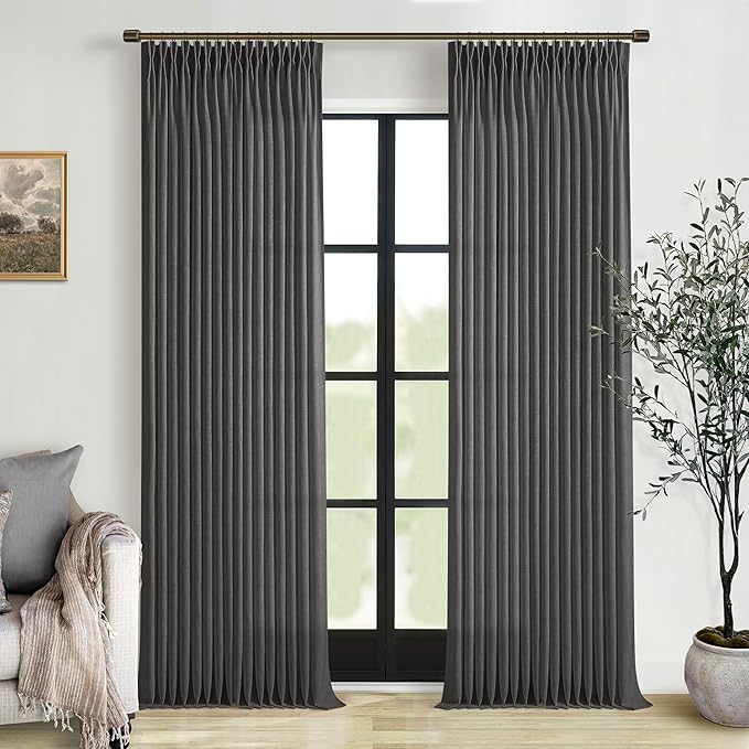 Dark Grey Pinch Pleat Linen Light Filtering Privacy Curtains 108 Inch Long | by Twodrapes
