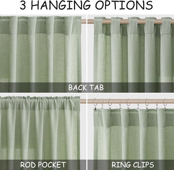 Mist Sage Linen Curtains 102 Inches Long Rod Pocket Back Tab Drapes 2 Panels Set - Image 2