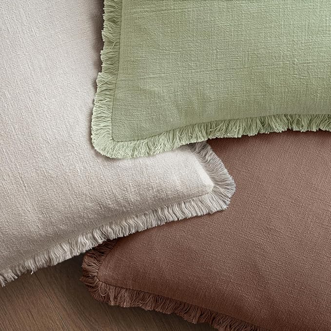 MIULEE Linen Fringe Decorative Fall Throw Pillow Covers Dark Coffee 20x20 | Set - Image 4