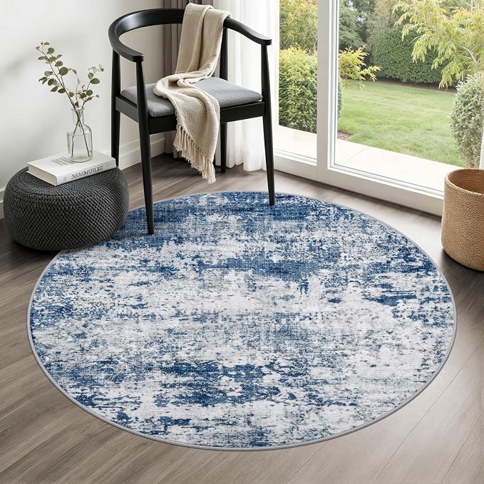 Round Area Rug Living Room: 5 ft Modern Washable Carpet Blue | by FXRHLP