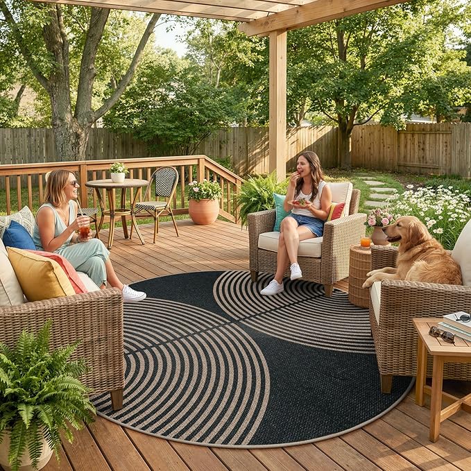 Lahome Enfys Modern Rainbow Round Rug, 6ft Easy Jute Circle Patio Rug Washable - Image 3