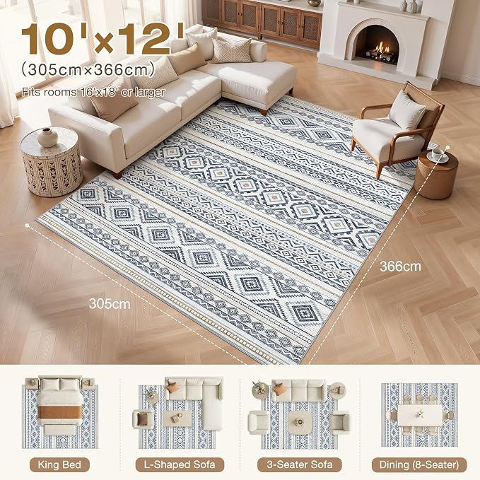 cotiled Boho 10x12 Area Rug for Living Room: Large Moroccan Washable Rug | - Image 7