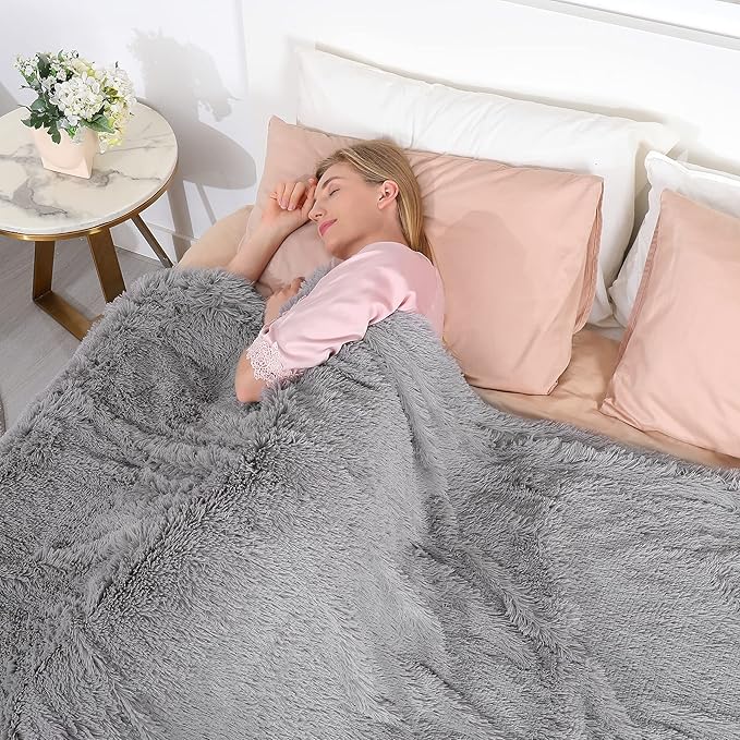 Tuddrom Decorative Extra Soft Faux Fur Throw Blanket 50"x60",Solid Lightweight Fuzzy Reversible Long Hair Shaggy Blanket,Fluffy Cozy Plush Mink Fleece Comfy Microfiber Blanket for Couch Sofa Bed, Grey