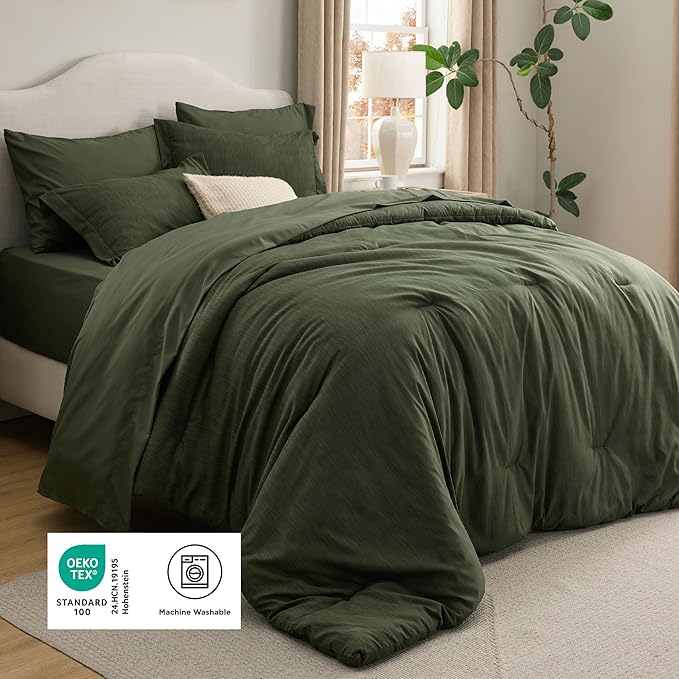 Bedsure King Size Comforter Set Dark Green - Bed in a Bag King Bedding 7 Pieces, Cationic Dyed Bed Set, Dark Green Soft Bedding for All Seasons Comforter with Sheets, Pillowcases & Shams