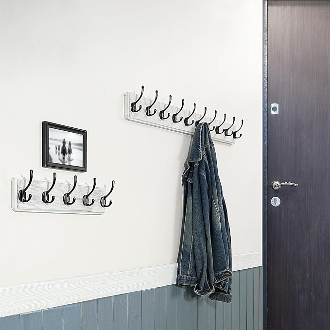 WEBI Coat Rack Wall Mounted,Coat Hooks Wall Mount,16" Hole to Hole,Large Coat Hanger Wall,5 Hooks for Hanging Coats,Hats,Jacket,Clothes,Entryway,Black/White,2 Packs